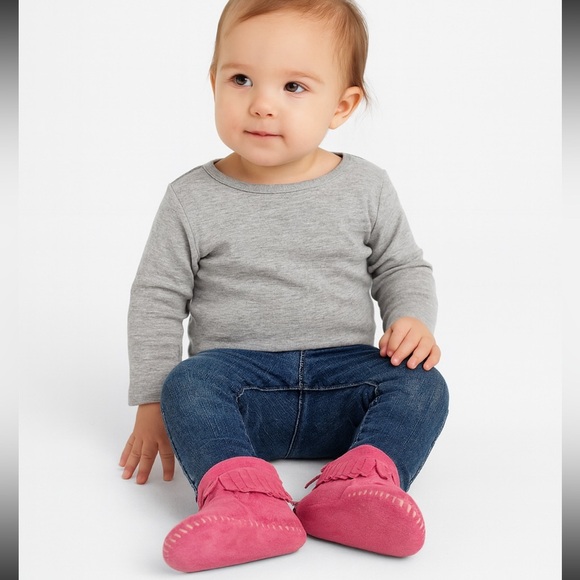 Minnetonka baby moccasins size 4 pink suede fringe leather soft sole shoes - Picture 2 of 8